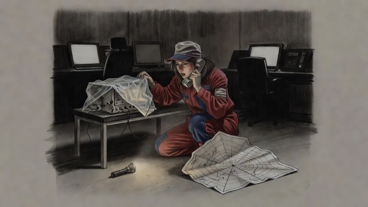 A woman crouched at a radio half uncovered from a plastic sheet in a dim control room speaks into a handset, a map of circles with lines radiating to one point spread beside her.