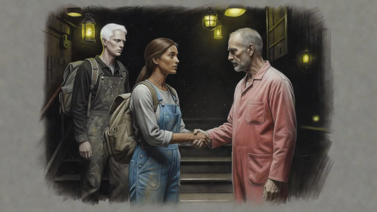 A woman with a heavy pack grips the forearm of a tall bearded man in farewell at the foot of a stair while a pale-haired man waits a few steps above.