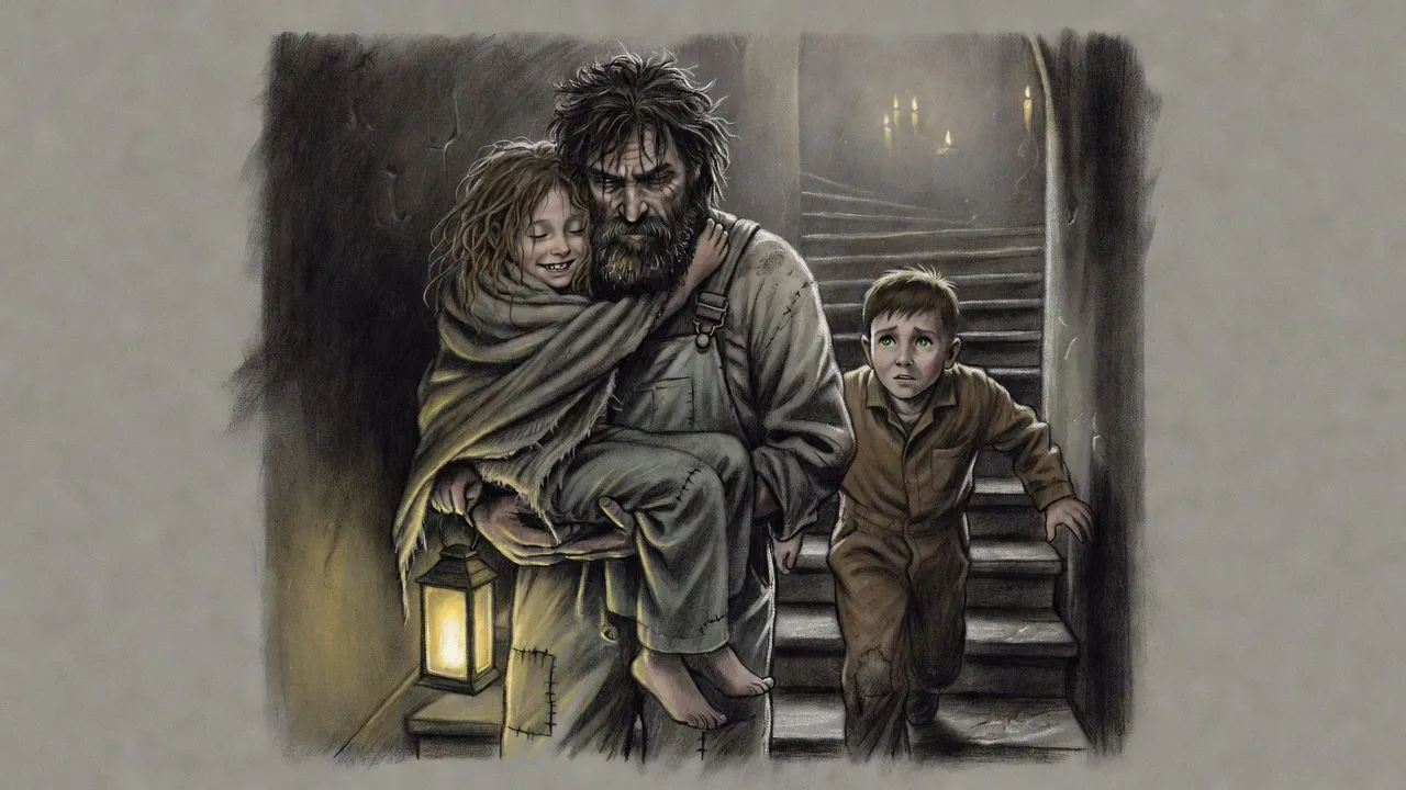 A bearded man carries a little girl wrapped in a blanket down a dim stair while a boy hurries beside them.