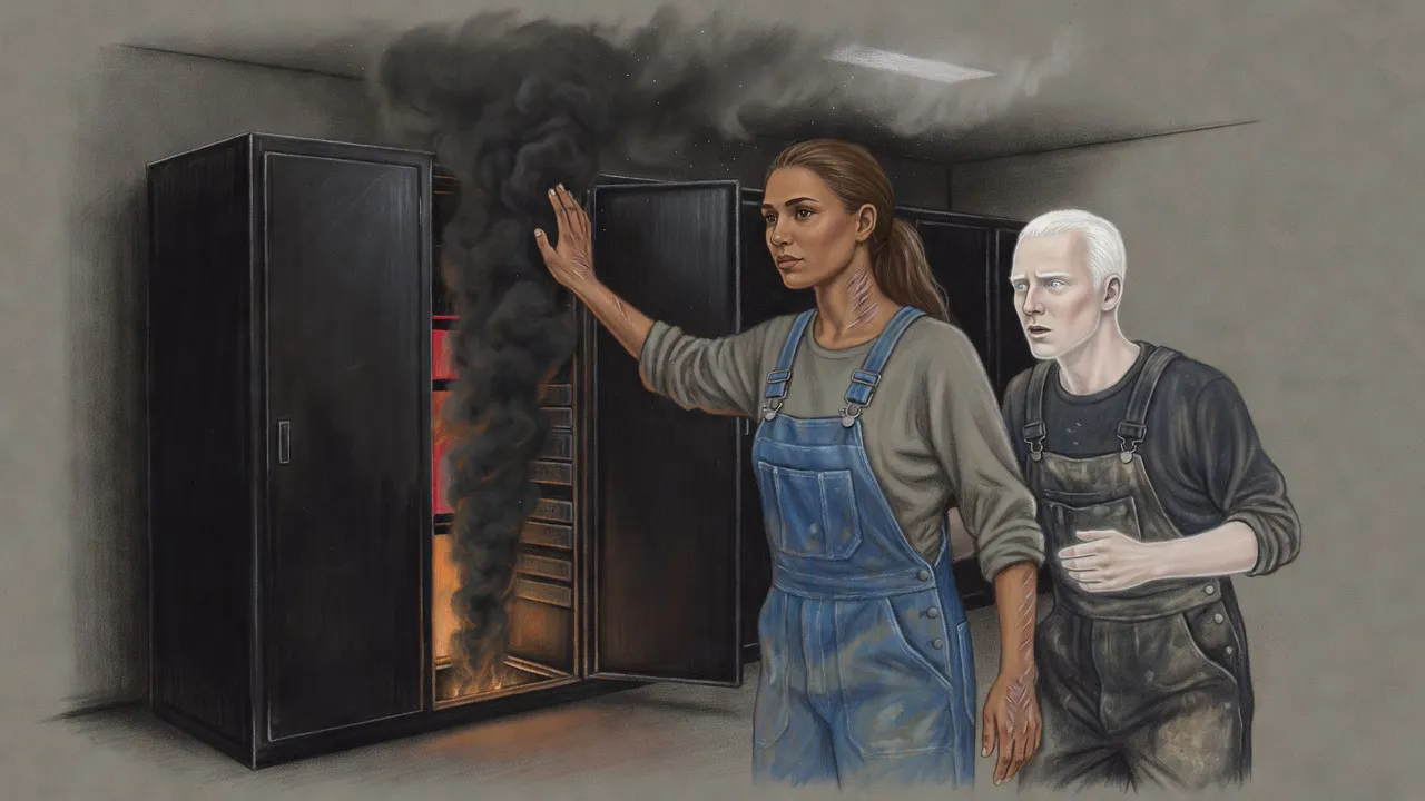 A thick column of smoke pours from an open hatch behind a server cabinet as a woman and a pale-haired man turn toward it.