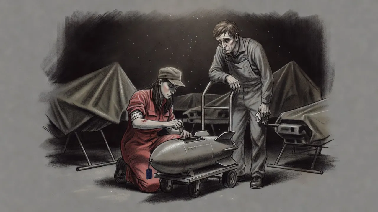 A woman kneels at the nose of a finned bomb on a hand truck, working at an open panel, while a gaunt man leans on the cart handle holding a rag.