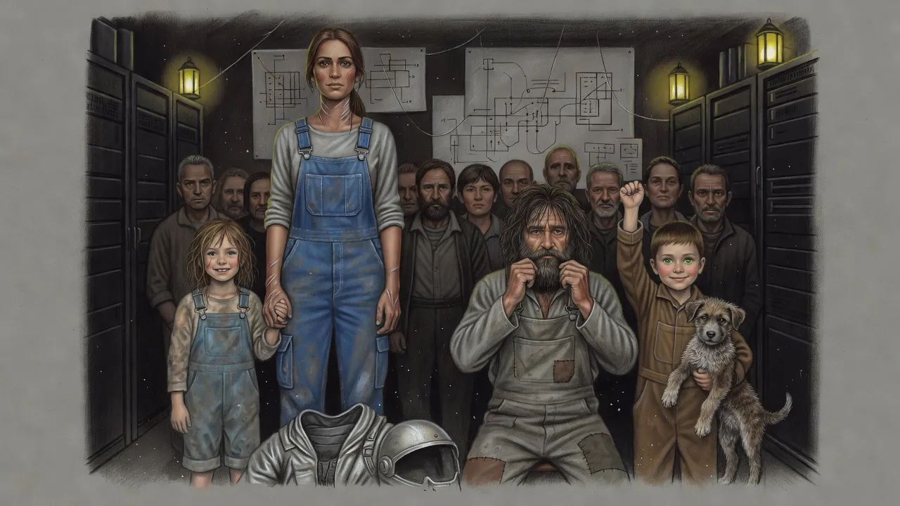 A woman stands before a crowd in a server room with an empty silvery hazard suit at her feet, a little girl holding her hand, while a bearded man and a boy holding a puppy raise their hands.