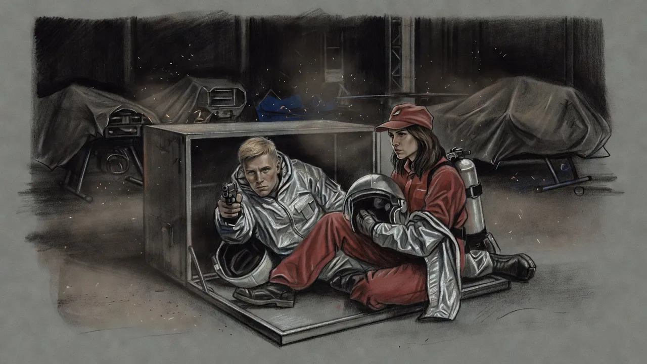 In the open end of a low steel lift, a young man in a bulky silver hazard suit lies on his side aiming a pistol into a dark warehouse while a woman half in a silver hazard suit huddles behind him.