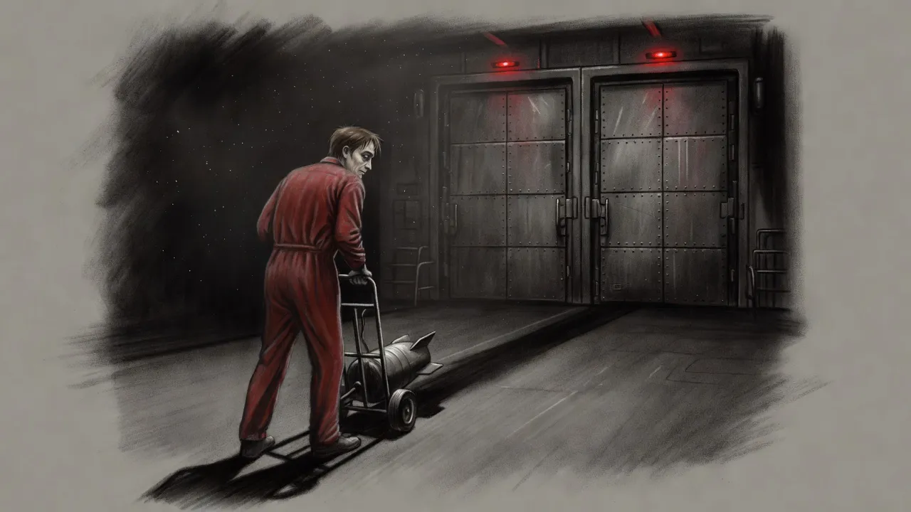 A gaunt man in red coveralls pushes a bomb on a hand truck toward towering steel doors under red warning lamps.