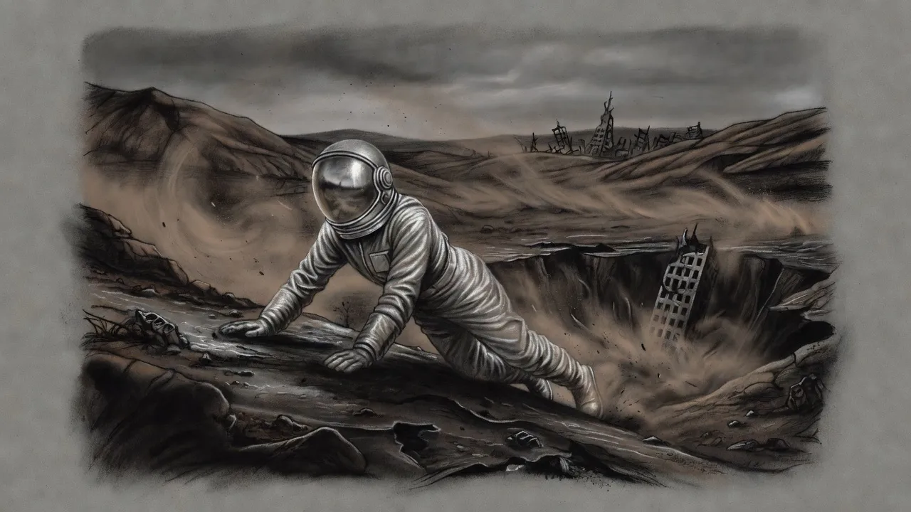 A lone figure in a silver hazard suit scrambles up a muddy slope as the ground behind caves into a huge pit and a concrete tower tilts into it.