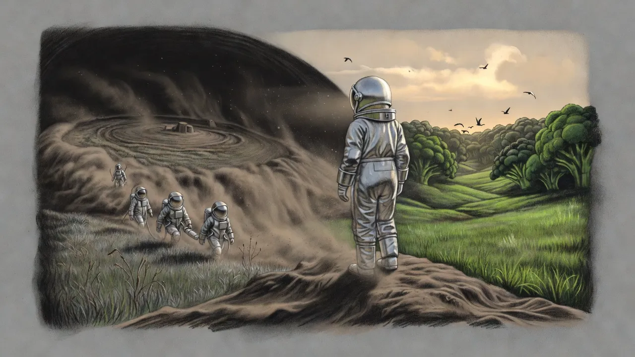 A figure in a white hazard suit on a ridge looks back at a vast dome of dark cloud while a line of suited walkers climbs toward her and a green valley opens ahead.