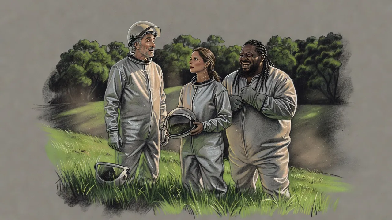 A tall bearded man in an open hazard suit drops his helmet into tall green grass and breathes in, wide-eyed, while a woman and a huge braided man watch.