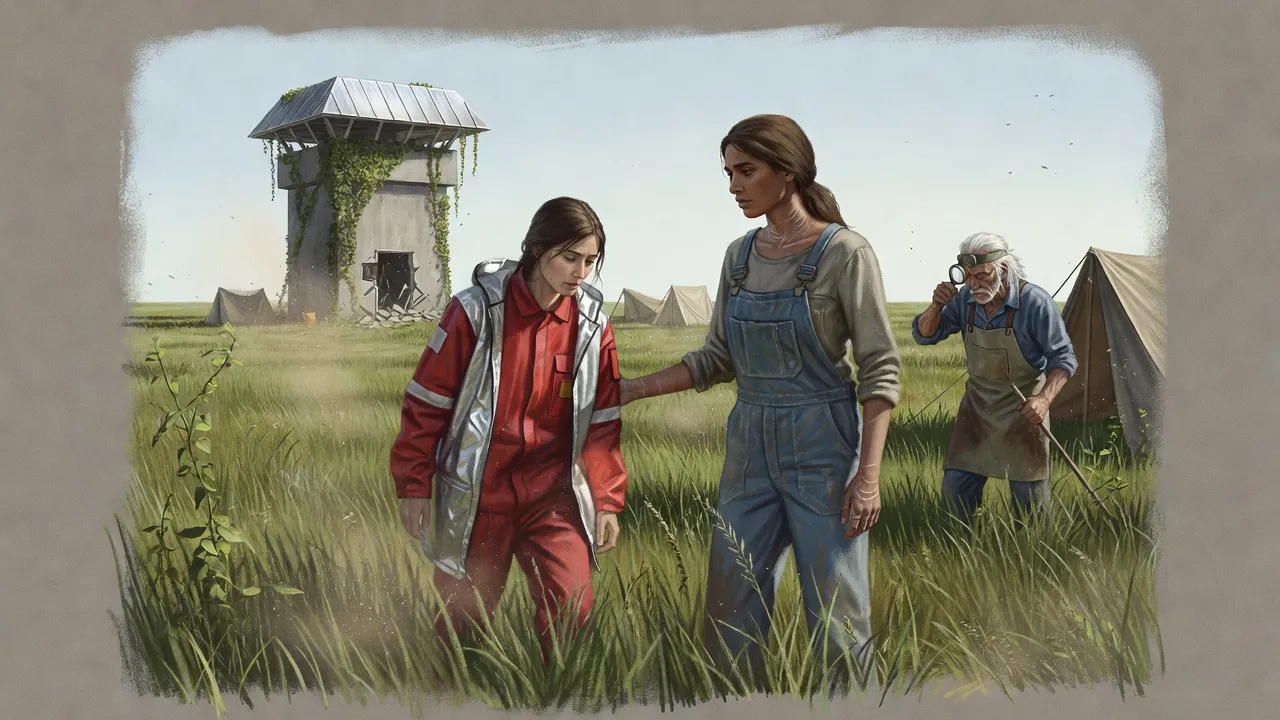 An exhausted woman in an open silver hazard suit staggers through tall grass toward a vine-covered concrete tower as another woman steps out to steady her.