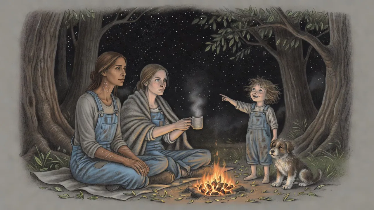 Two women sit on a bedroll by a campfire in a forest at night, one handing the other a steaming mug, while a little girl with a puppy points up at the stars.