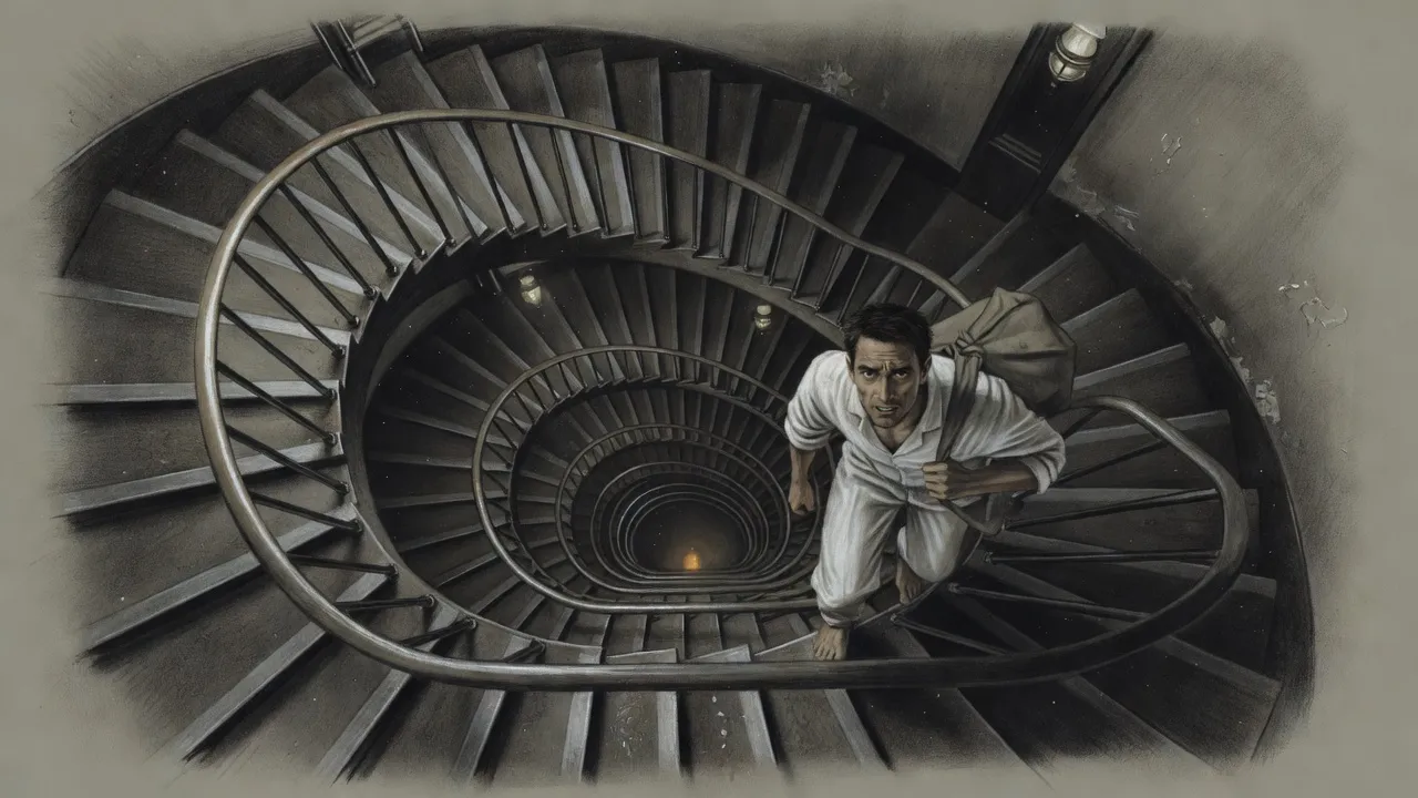 Looking straight down a deep spiral staircase that winds around a hollow shaft into darkness, a porter with a sack on his shoulder climbing one turn below, a faint orange glow far beneath.