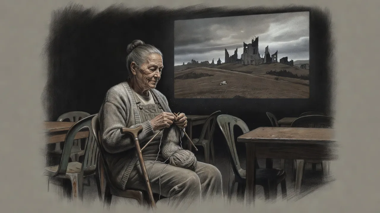 An old woman sits knitting in a plastic chair before a huge wall screen showing brown hills, dark clouds and a ruined city, two small pale shapes lying on the near slope.