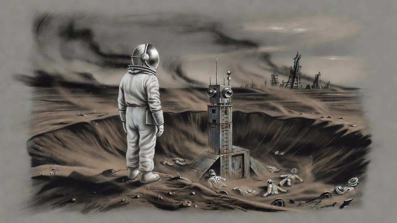 Seen from behind, a figure in a white hazard suit and mirrored helmet stands on the crest of a dead brown hill, looking down into a bowl where a second sensor tower rises above a ramp strewn with old suits.
