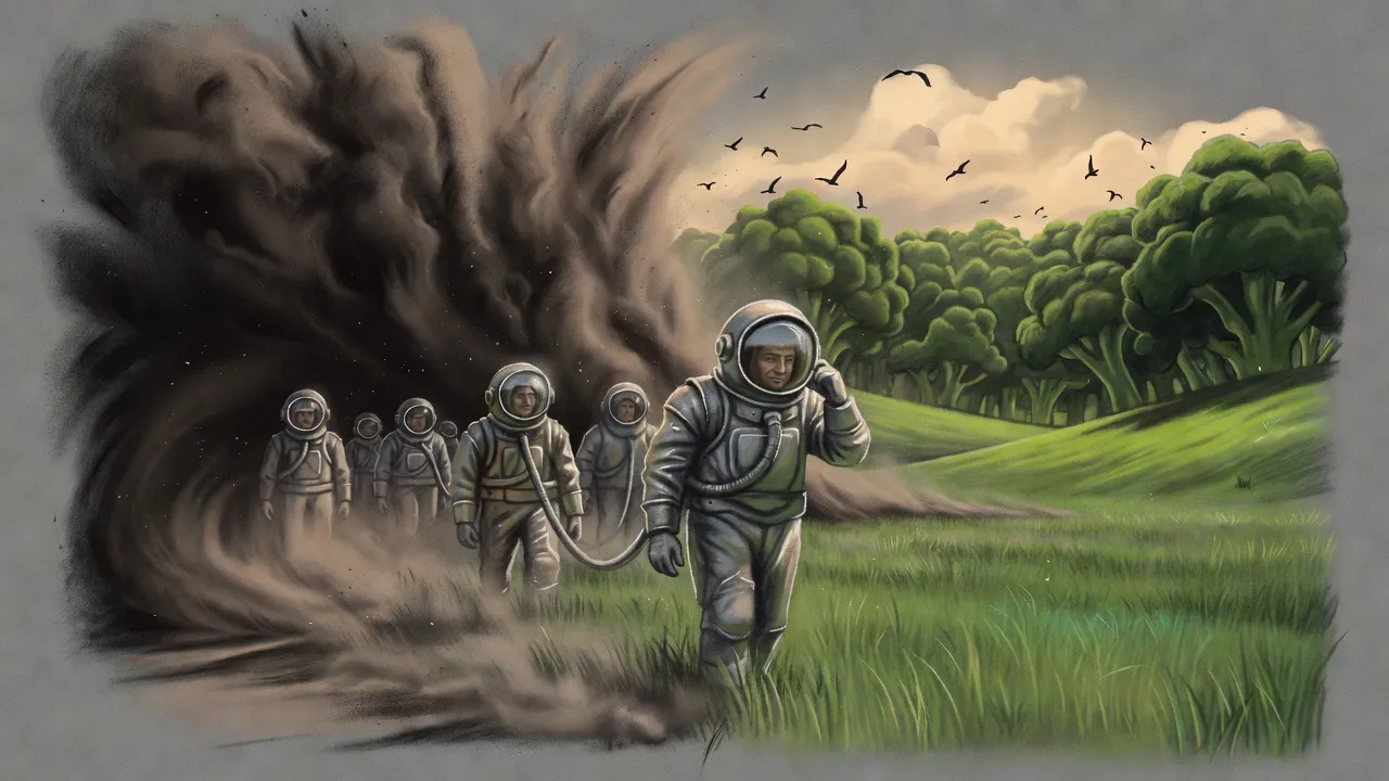 A file of figures in silvery hazard suits, linked by hoses, steps out of a towering wall of brown dust into a valley of bright green grass and rounded trees, birds gliding overhead.