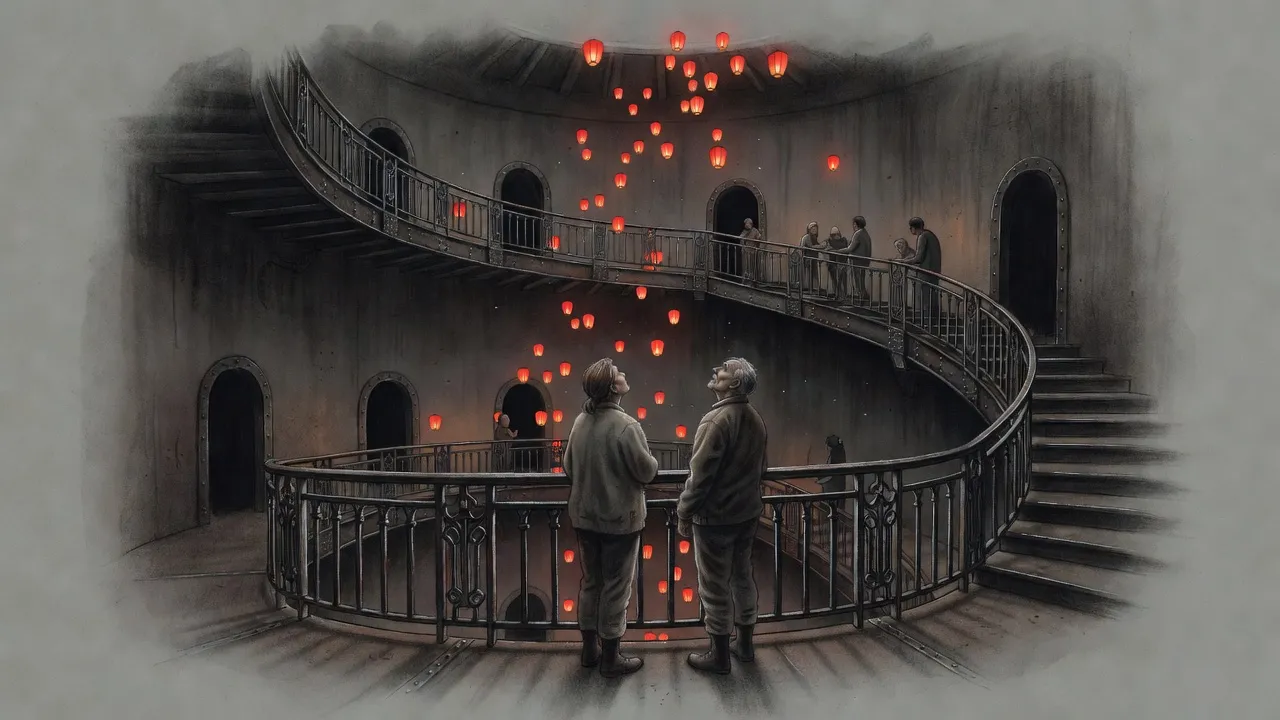 Red paper lanterns float up the open shaft of a vast concrete spiral stair while residents watch from the rails.
