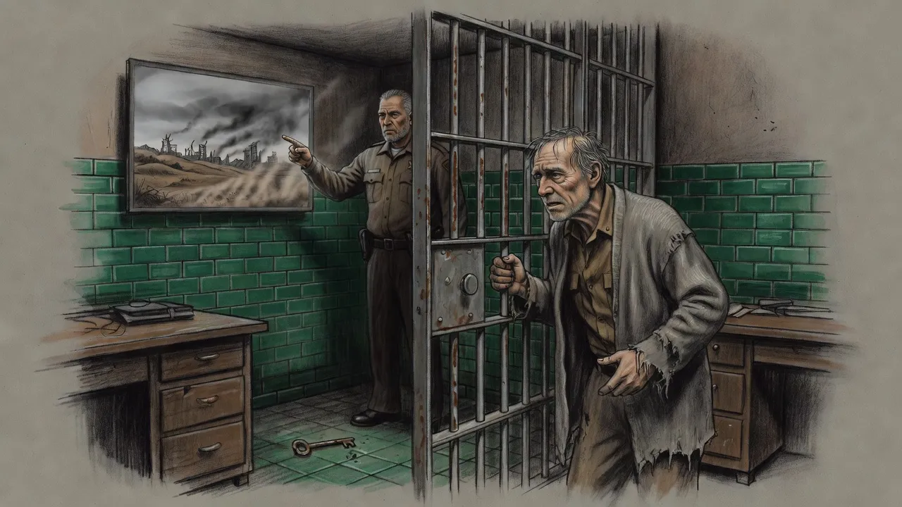 A sheriff stands inside a barred cell lined with green tiles, pointing at a grey wall monitor, while his old deputy pleads through the bars.