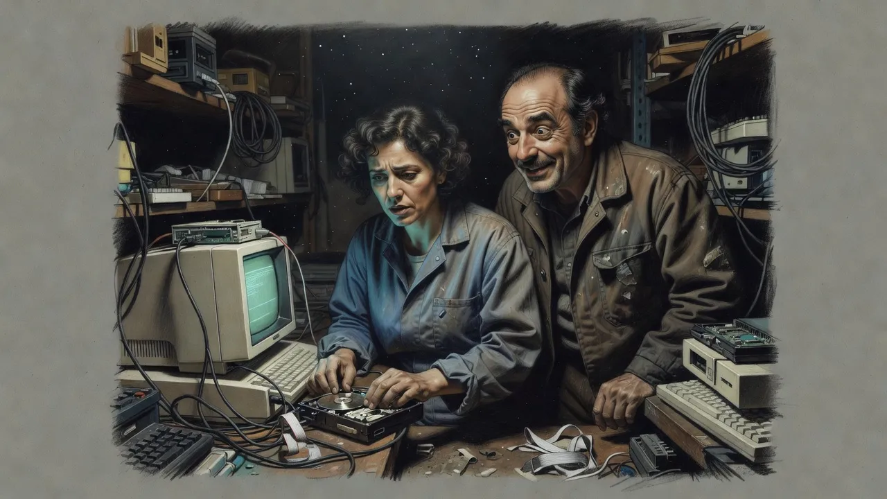 A woman and a mustached man lean over a cluttered workbench where an old hard drive is wired to a boxy computer terminal glowing teal.