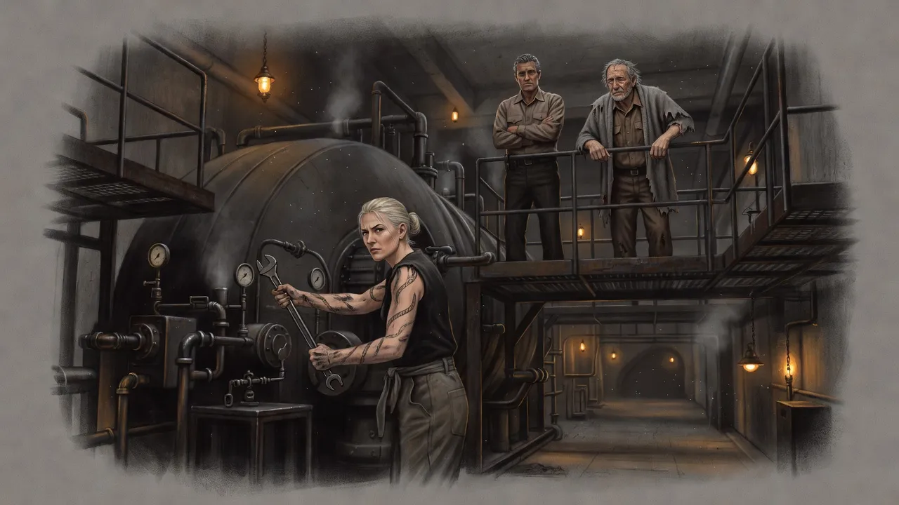 A woman with tattooed forearms braces a long wrench against a huge turbine in amber light while two lawmen look down from a catwalk.
