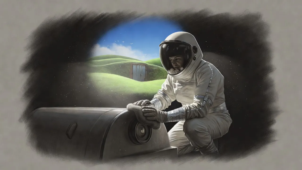 A figure in an off-white hazard suit kneels in impossibly green grass under a bright blue sky, scrubbing a camera lens with a pad of grey wool.