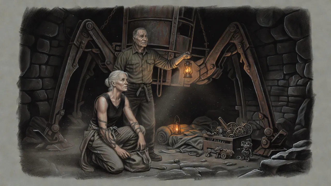 A woman and a man with lamps cross a vast dark cavern toward a little camp beneath the rusted legs of a giant old digging machine.