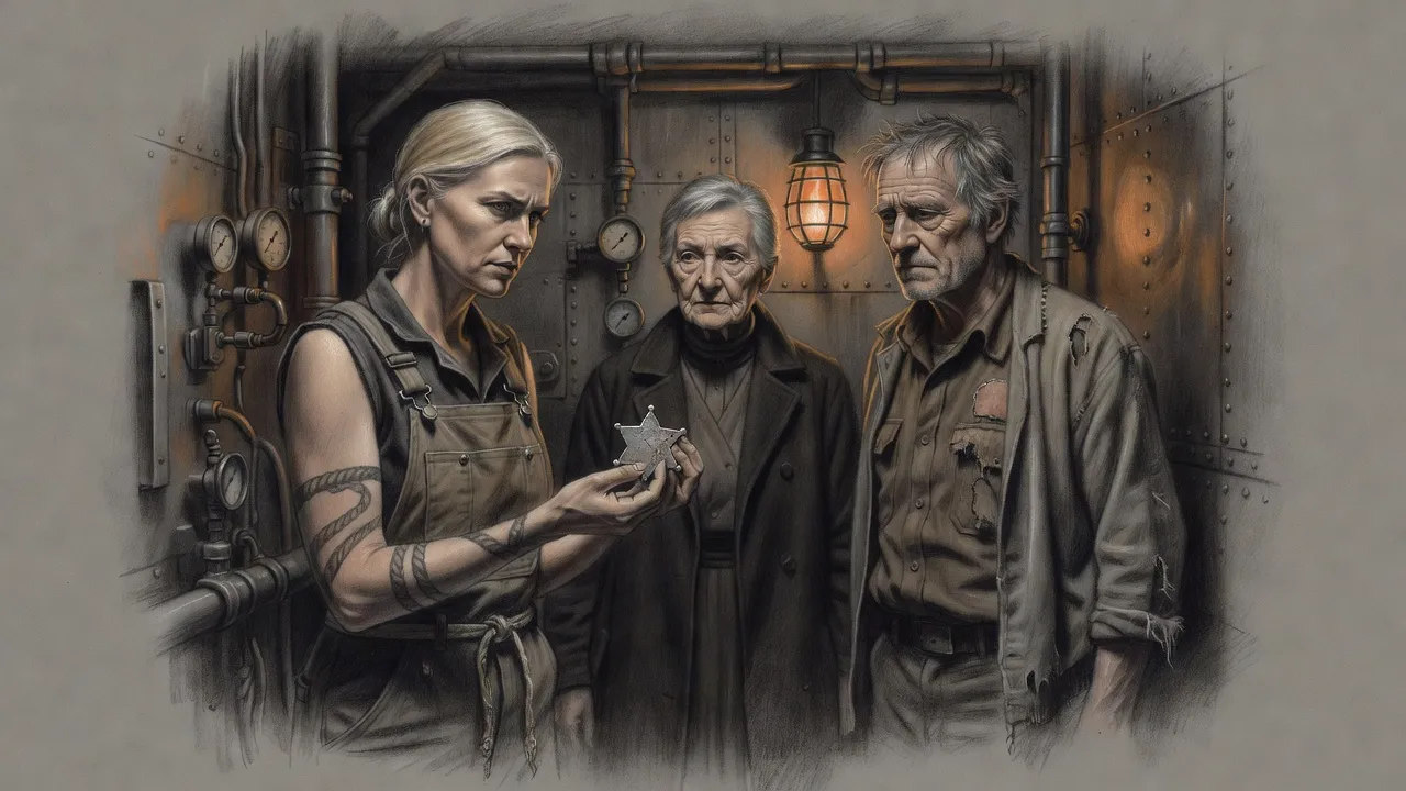 A woman with tattooed forearms looks down at a small metal star in her palm while an elderly woman and an old deputy watch her in a cramped room of pipes.