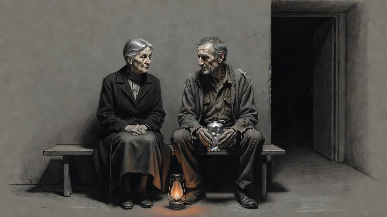 An elderly woman and an old deputy sit side by side on a bench in a dark concrete room, lit by one hand lamp, a dented metal flask in his hands.