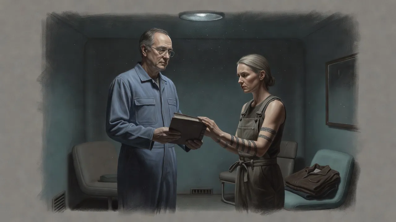 A very tall older man in spectacles holds out a thick bound book as a woman with tattooed forearms lays her hand on it in a small blue-green room.
