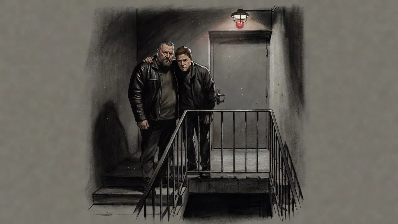 A broad man in a black leather jacket rests a heavy hand on a younger man’s shoulder at an iron railing outside a plain steel door, a long drop below.