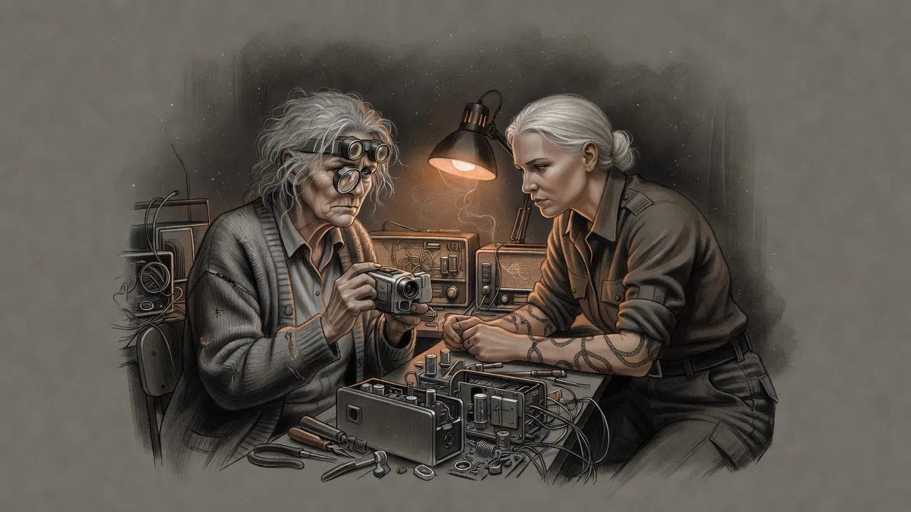 An old woman with magnifying lenses on wild grey hair studies a small old camcorder at a cluttered workbench while a woman with tattooed forearms watches.