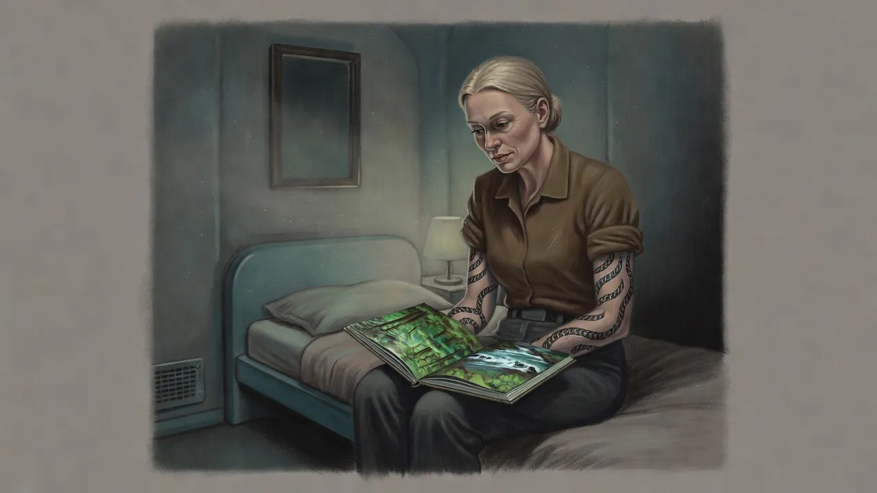 A woman sits alone at night with an open picture book of green forests and rivers on her knees, a mirror on the wall behind her.