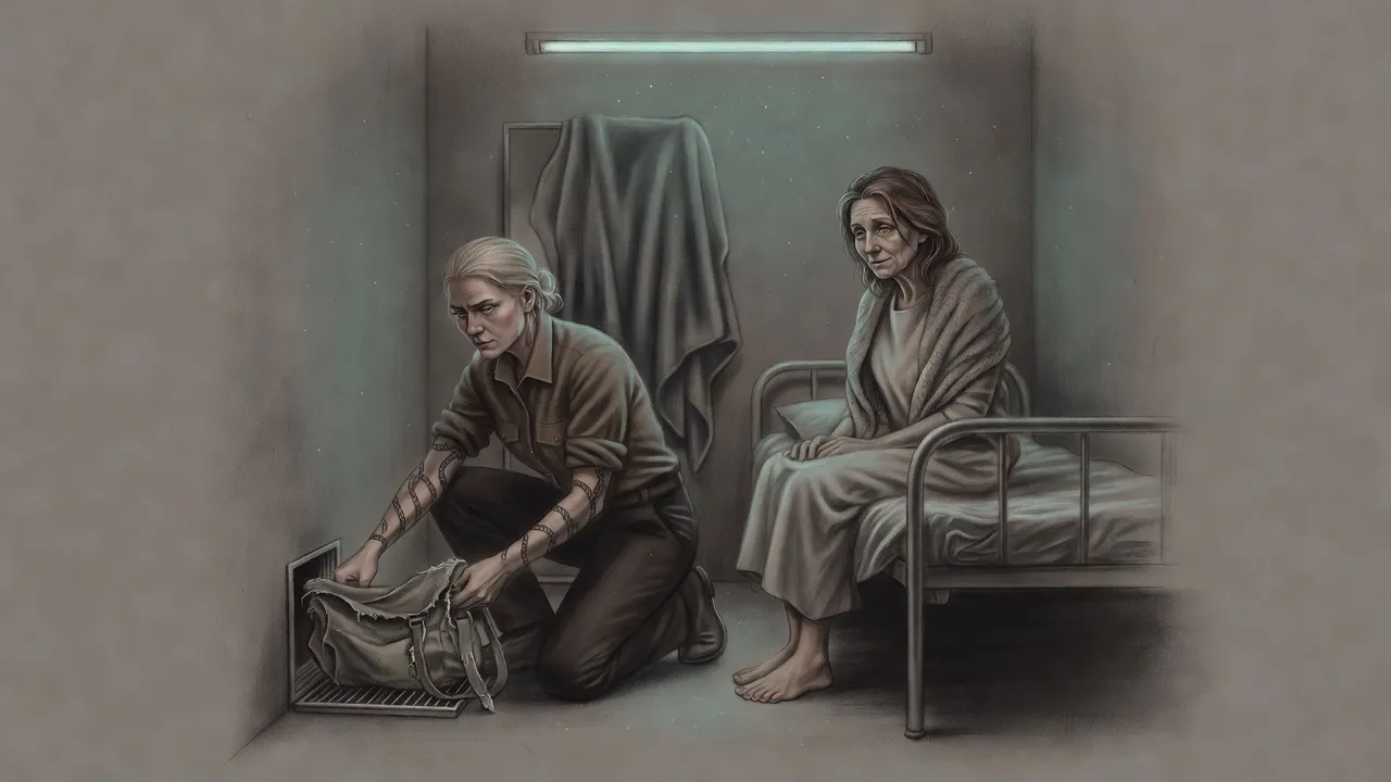 A woman kneels at an open wall vent drawing out a canvas satchel while a frail older woman watches from a narrow bed, a blanket draped over the mirror.