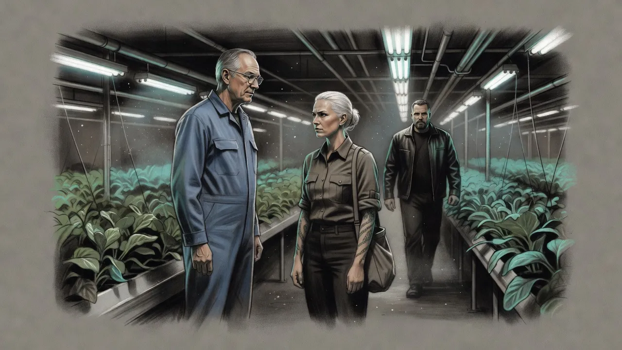 A very tall older man in spectacles turns to face a woman between rows of leafy crops under white grow-lights, a man in a leather jacket walking up behind.