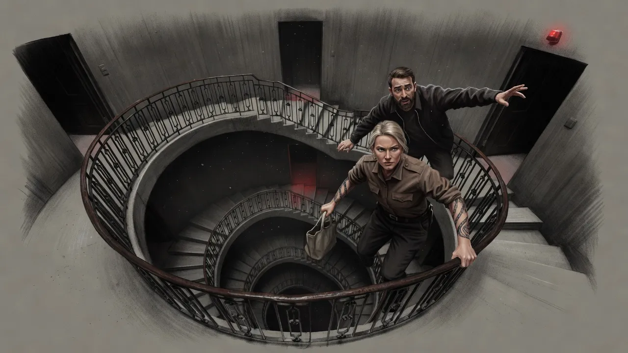 A woman vaults over an iron stair rail into the open shaft with a bag in her hand, while a deputy above reaches after her with a trembling hand.