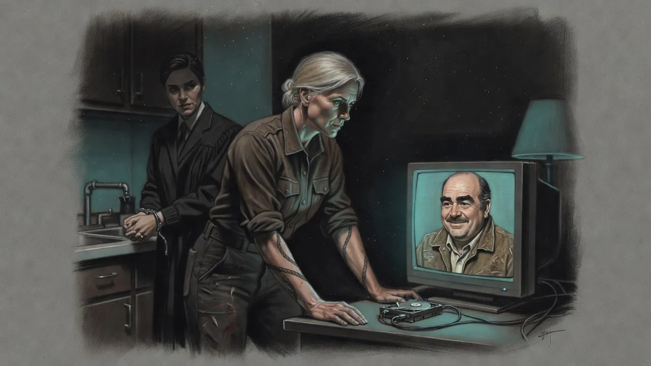 A woman leans toward a small boxy monitor showing a man’s face, while another woman, one wrist cuffed to a kitchen pipe, watches from behind her.