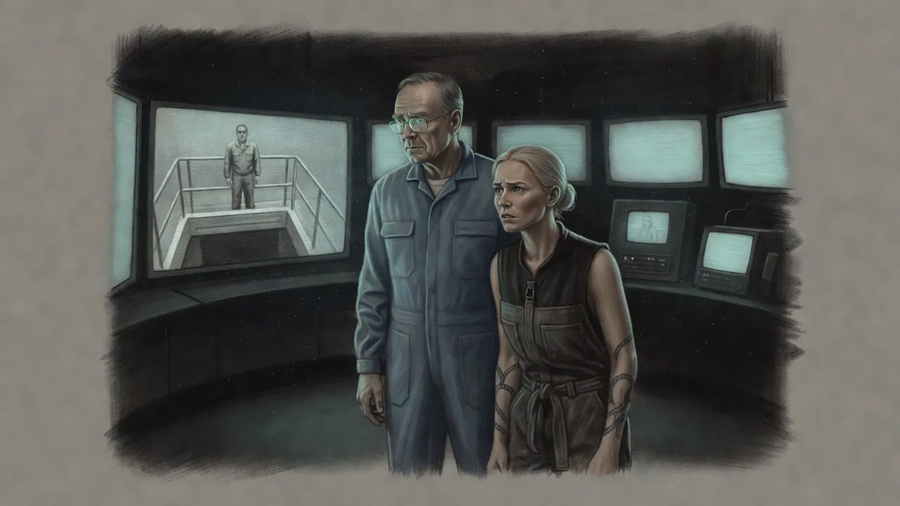 A very tall older man and a woman stand before a curved bank of monitors, the largest showing a grainy figure alone at a stair rail.
