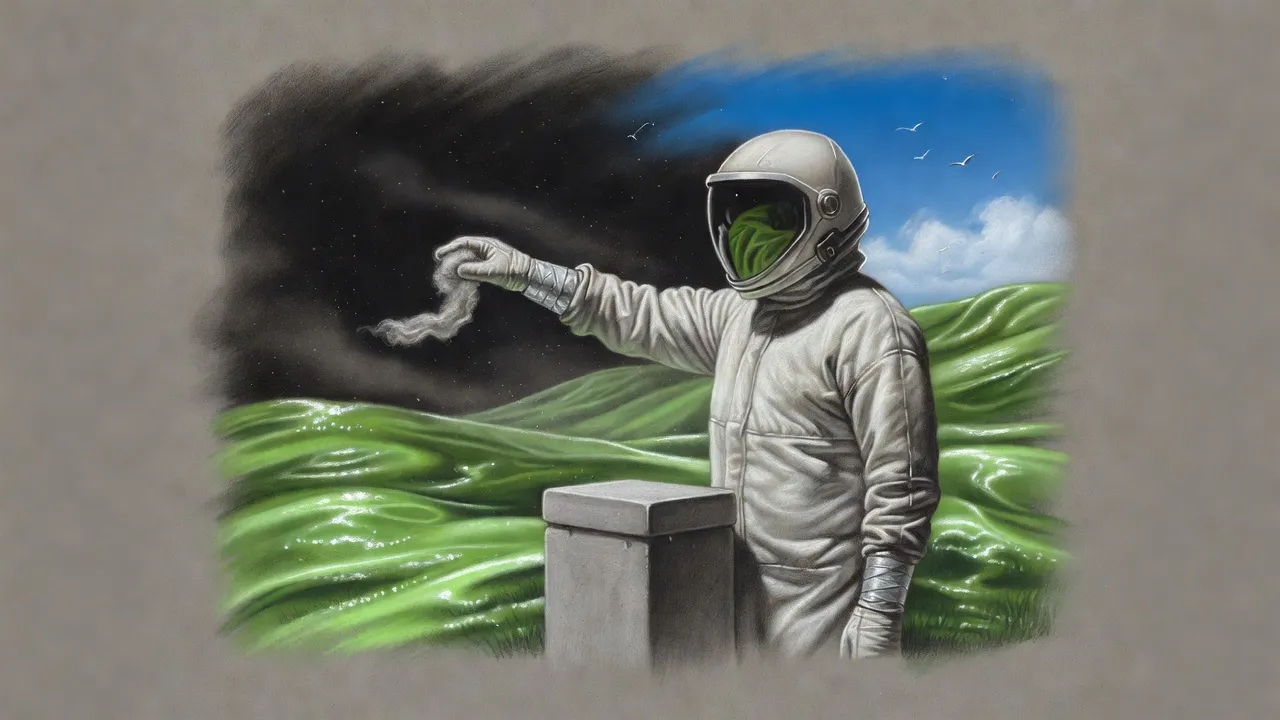 A figure in an off-white hazard suit taped at the wrists holds a grey pad of wool up to a camera lens on a bright green hillside, letting it fall.