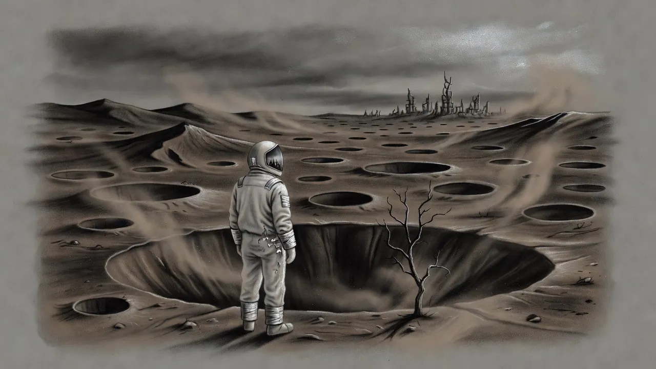 A small suited figure stands on the rim of a crater looking out over a grey dead plain dotted with dozens of round craters, a broken city on the horizon.