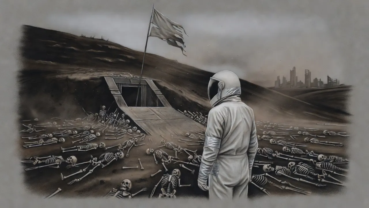 A figure in a hazard suit looks down a brown hillside at a buried entrance ringed by thousands of skeletons, a tattered flag on a pole above it.