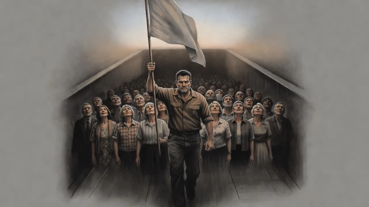 A sheriff in a brown shirt leads a crowd up a concrete ramp into grey daylight, a flag held high on a pole above his head.