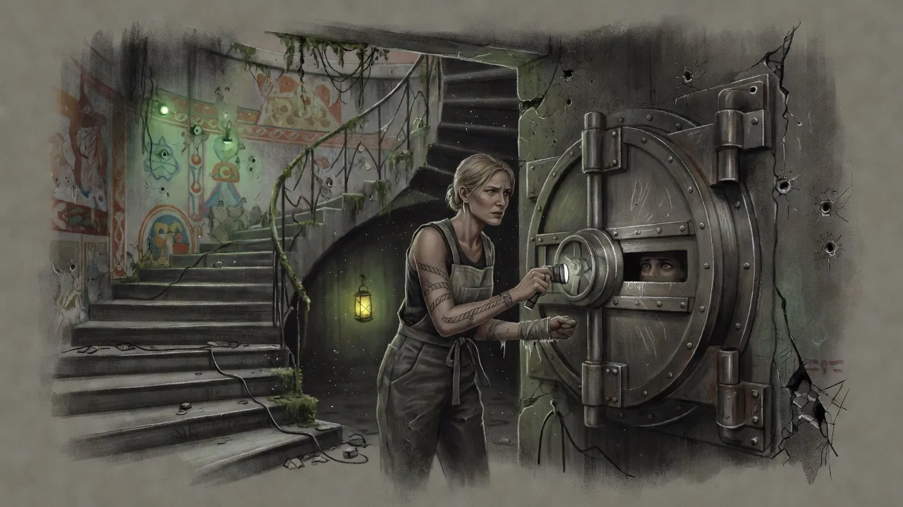 A woman with a flashlight stands before a great round steel door in a decaying concrete hall as a narrow slot in the door slides open on a pair of eyes.