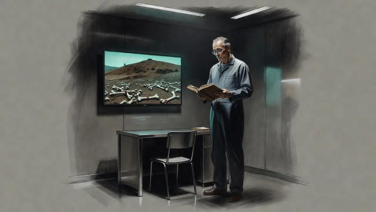 A very tall man in spectacles stands alone in a clean, brightly lit vault, a thick book open in his hands, a monitor behind him showing a hillside of bones.