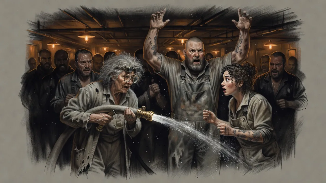An old woman with lenses on her grey hair braces a gushing fire hose toward an angry crowd while a big bearded man and a woman with tattooed arms turn toward her.