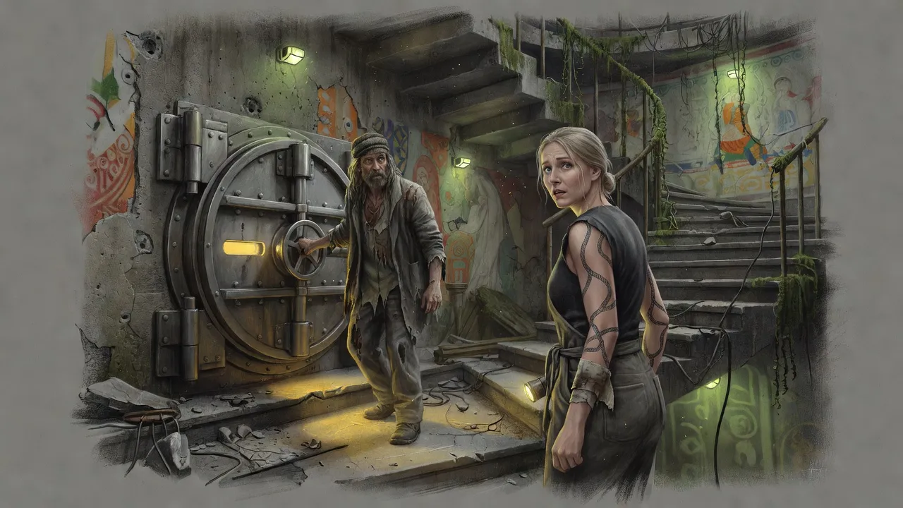 A long-haired, bearded man in layered scavenged clothes and a knitted cap steps blinking out of a round vault door toward a woman with a flashlight.
