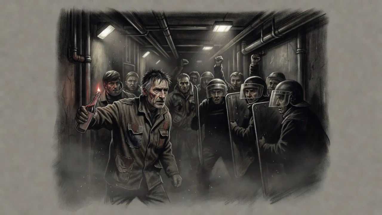 A wiry man in a patched brown jacket draws back his arm with a burning bottle while a line of deputies faces a crowd in a narrow, pipe-lined corridor.