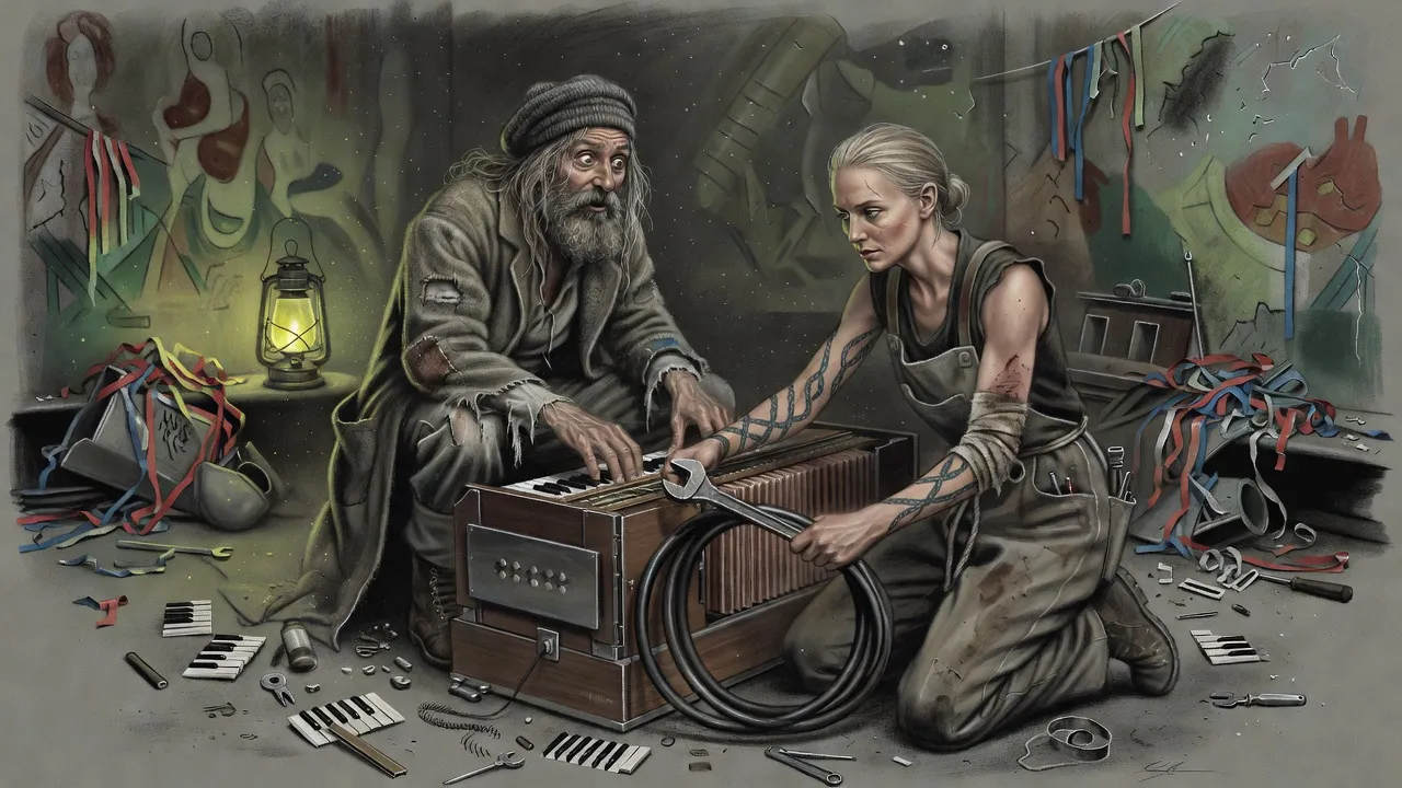 A bearded man in a knitted cap pumps the pedals of an old harmonium while a woman kneeling beside it fits a long coiled hose to its bellows.