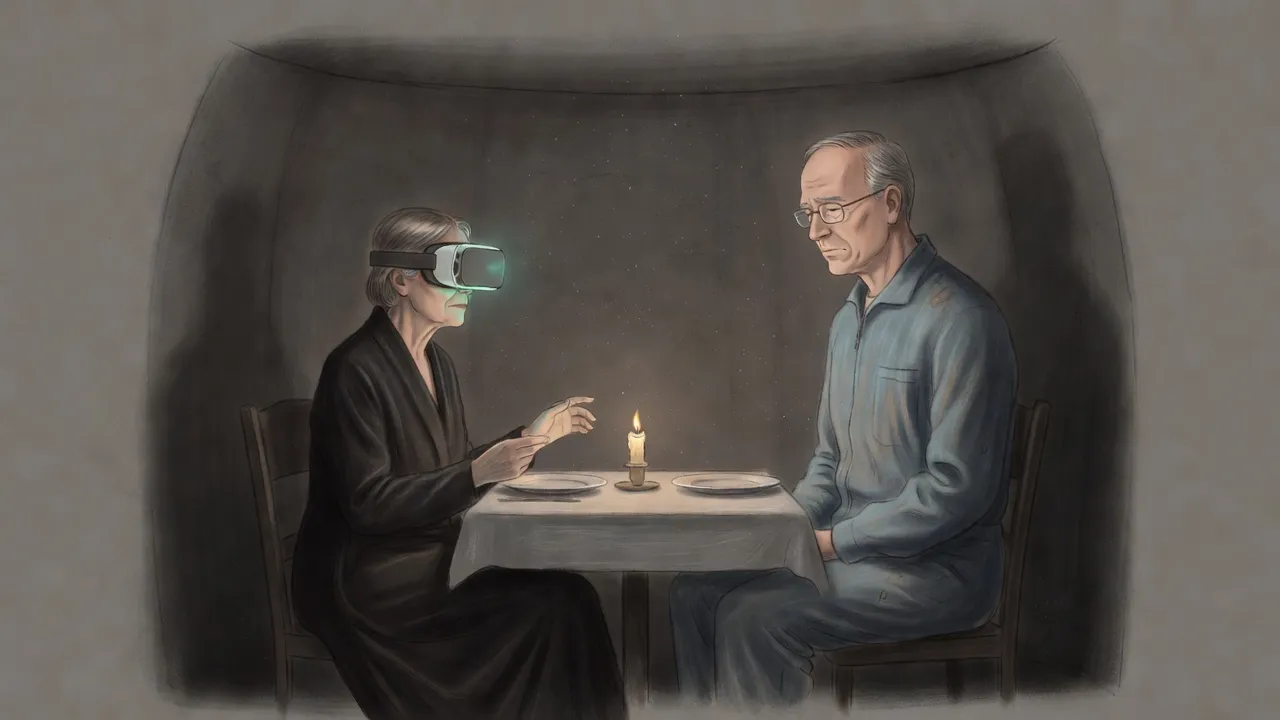 An older woman in a long dark coat sits at a candlelit table with a glowing headset over her eyes, while a very tall man in spectacles watches her from across it.