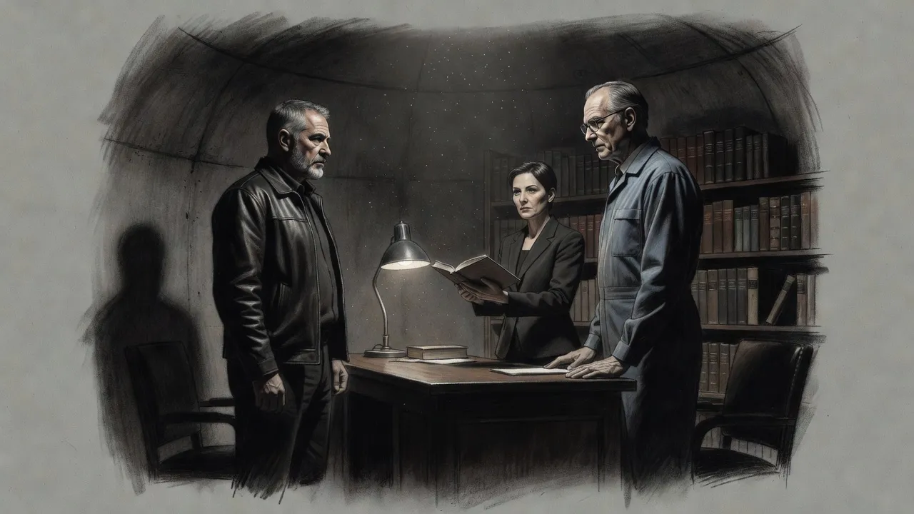 A man in a black leather jacket stands stiffly before a very tall man in spectacles while a composed woman in dark tailored clothes holds out a thick bound book.