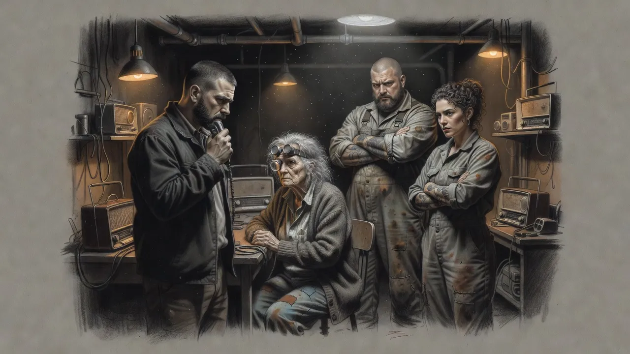 A deputy in a dark jacket holds a radio handset steady while an old woman, a big bearded man and a woman with tattooed arms watch in a cramped room of pipes.