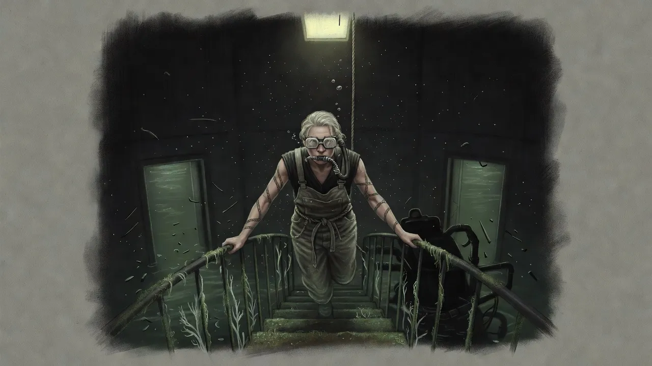A woman in makeshift goggles, a hose at her mouth, pulls herself down a drowned spiral stair through green-black water toward a pump far below.