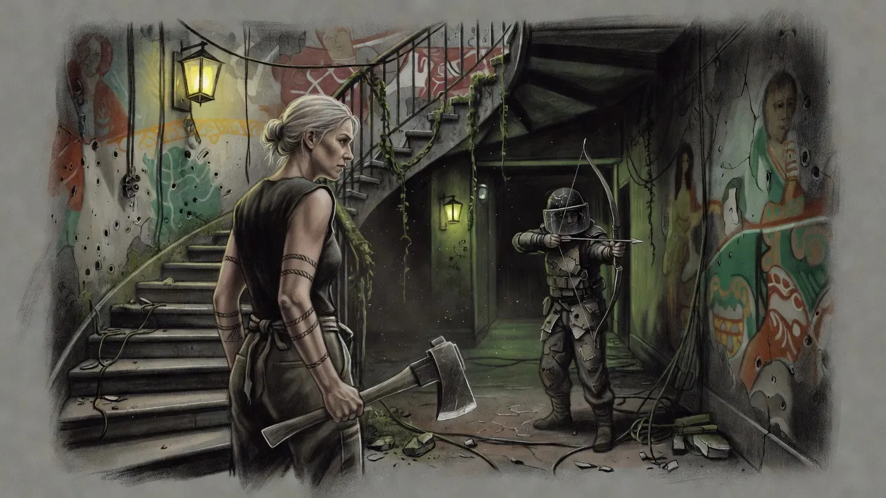 In a dark, vine-hung corridor a figure in patched armour and a helmet draws a bow on a woman gripping an axe.
