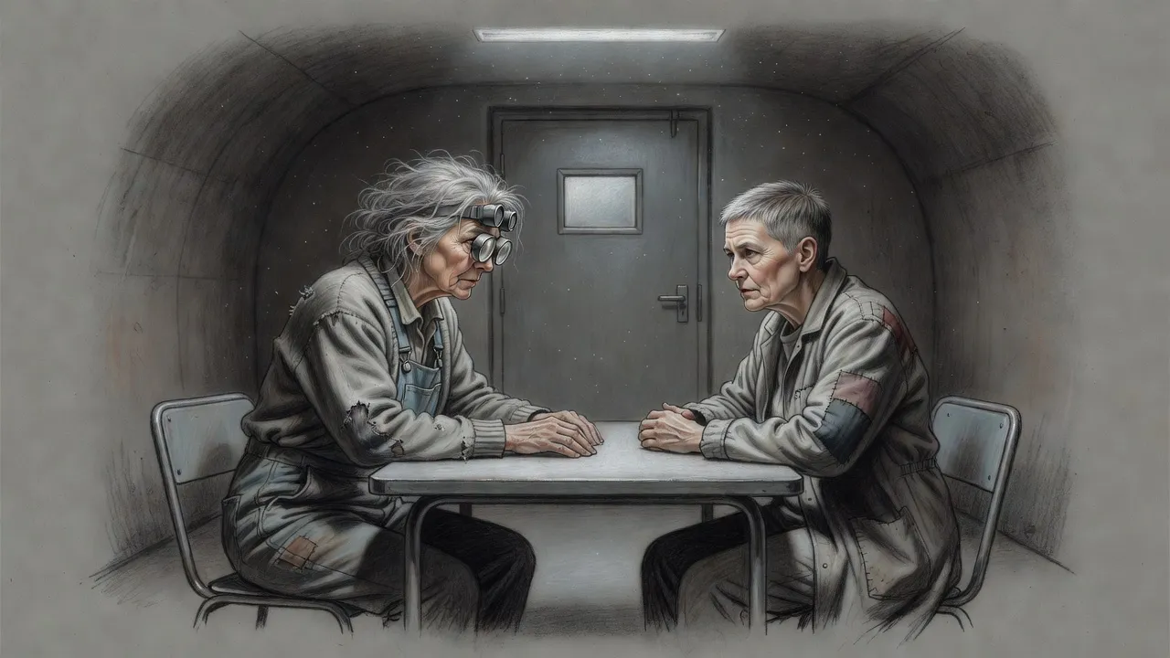 An old woman with lenses on her wild grey hair reaches across a bare table toward an older woman in a patched coat in a cold, plain room.